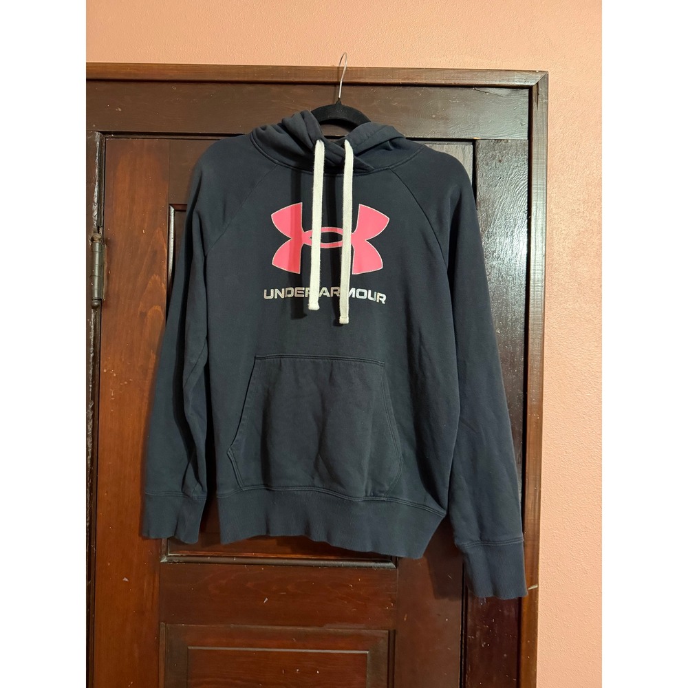 Under Armour Womens‎ Rival Fleece Hoodie Black Pink Big Logo Sweatshirt MD